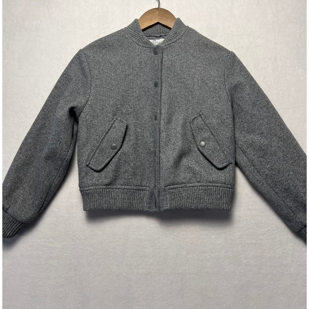 H&M Boys 10 Bomber Jacket Classic Preppy Gray Felted Snap Front Coat